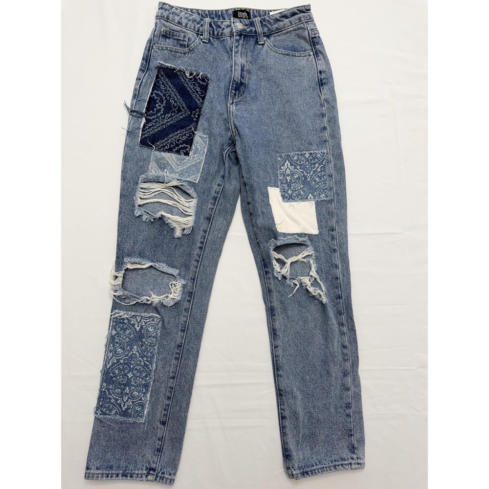 Simple Society Mom Jeans Juniors 1/25 Blue Med Wash High Rise Distressed 25x26